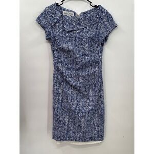 Sara Campbell Blue White Print Sheath Dress Gold Zip‎ Career Cocktail